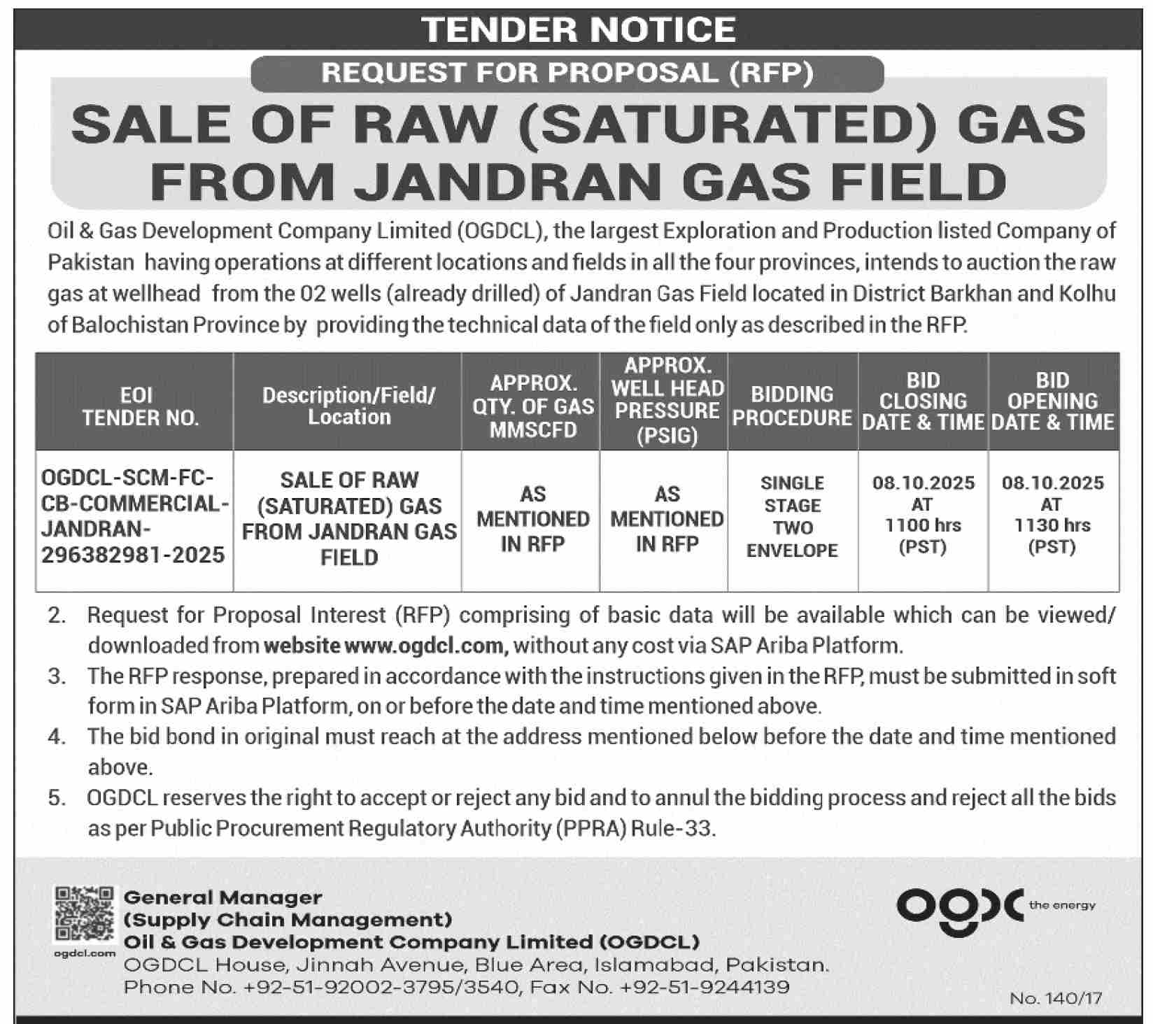 Oil & Gas Development Company Limited Islamabad Tender Notice